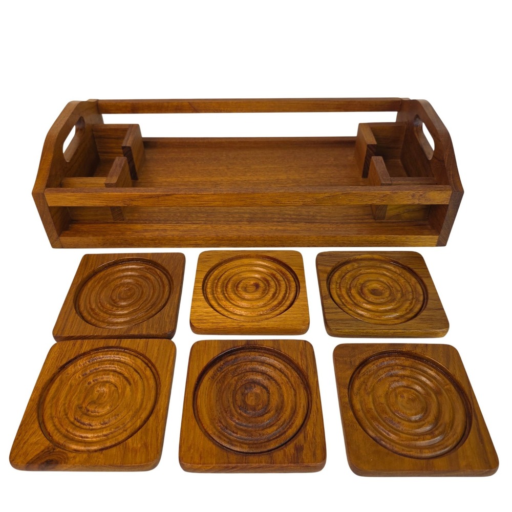 VTG Dolphin Genuine Teakwood Serving Tray & Coasters Caddy Thailand MCM Barware